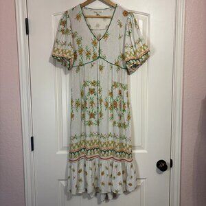 Fig & Flower Sz M Floral Print Linen Blend Short Sleeve Midi Dress Peasant Boho